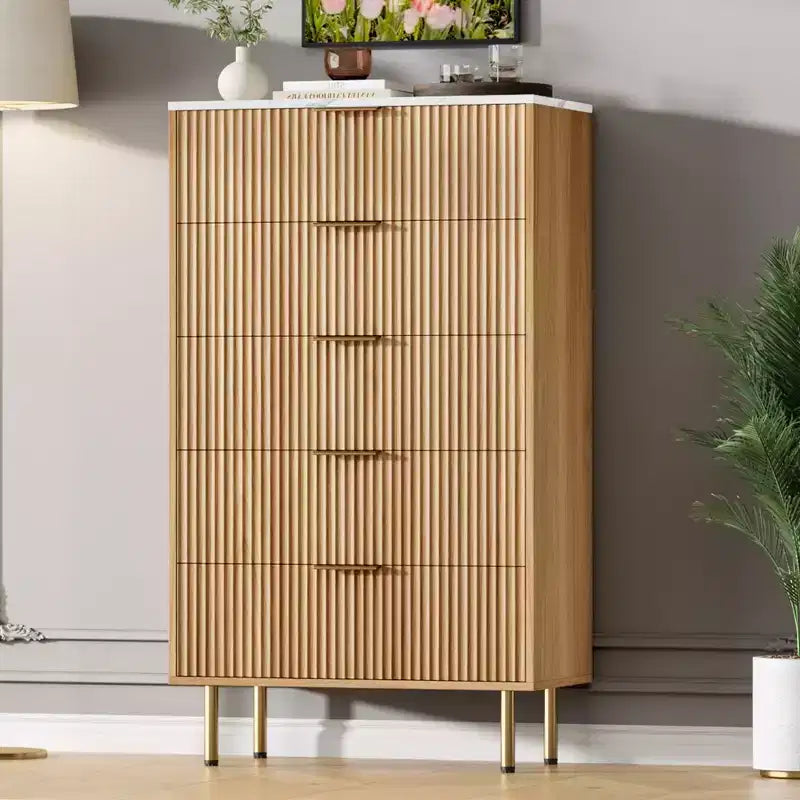 Fluted 5-Drawer Wood Dresser, Modern White Tall Dresser with Gold Handles, Bedroom, Living Room Storage Organizer for Hallway/Entryway