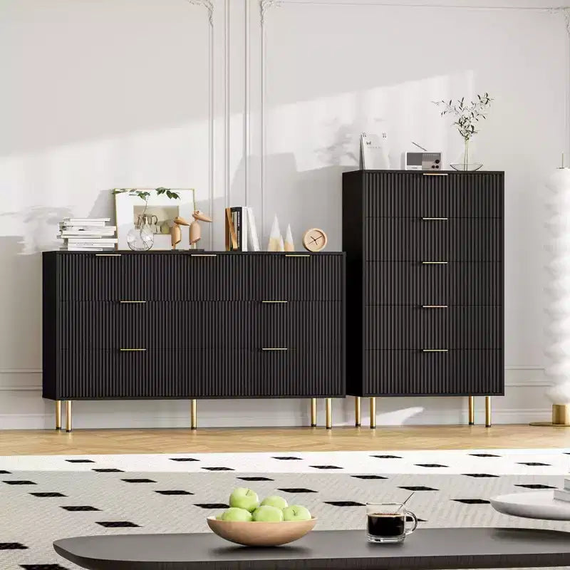 Commode en bois cannelée à 5 tiroirs, commode haute blanche moderne avec poignées dorées, organisateur de rangement pour chambre à coucher, salon, couloir/entrée
