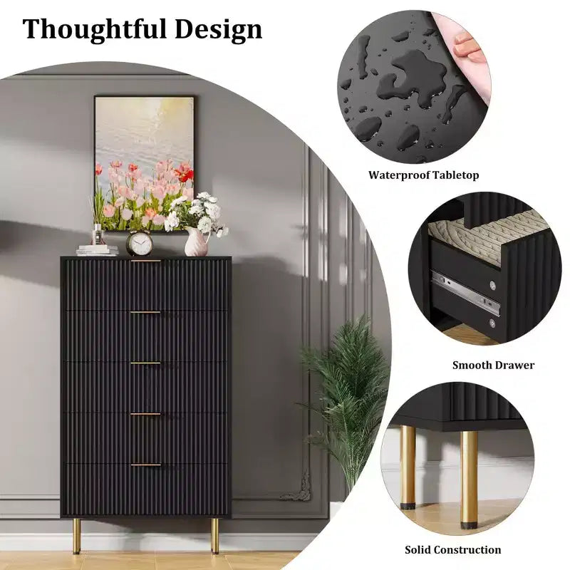 Commode en bois cannelée à 5 tiroirs, commode haute blanche moderne avec poignées dorées, organisateur de rangement pour chambre à coucher, salon, couloir/entrée