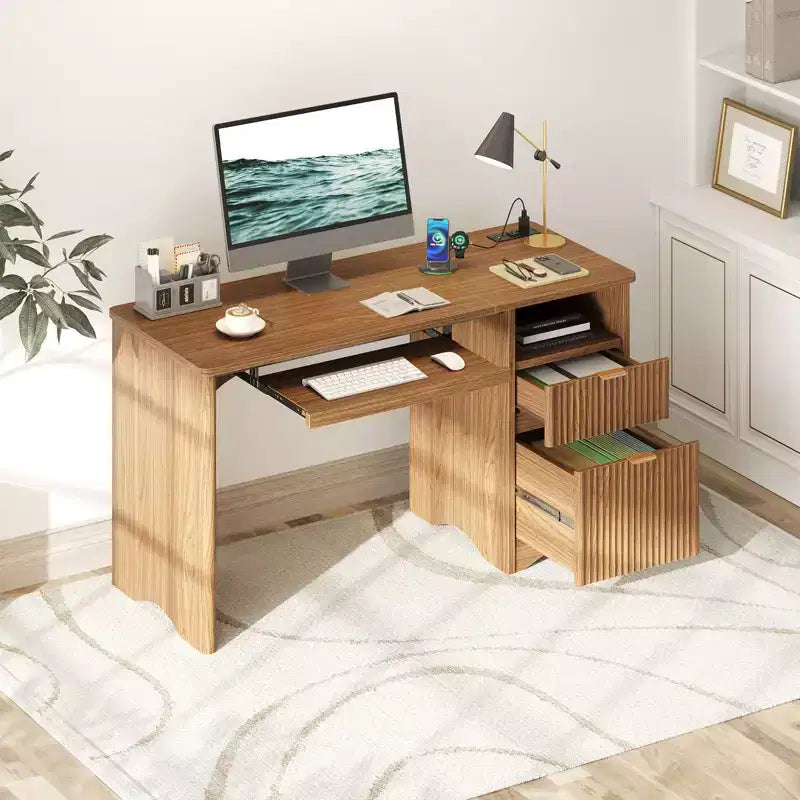 Bureau d'ordinateur 55 po avec prises électriques, tablette coulissante pour clavier et tiroirs de rangement pour bureau à domicile