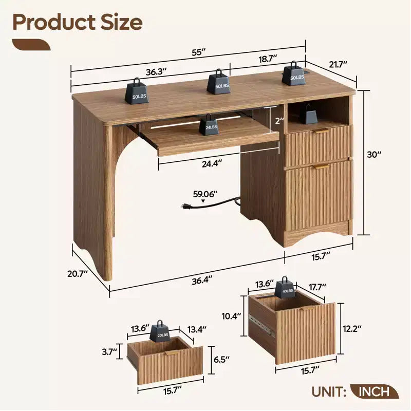 Bureau d'ordinateur 55 po avec prises électriques, tablette coulissante pour clavier et tiroirs de rangement pour bureau à domicile