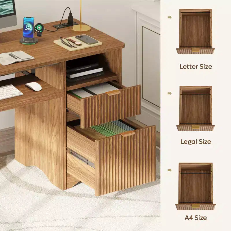 Bureau d'ordinateur 55 po avec prises électriques, tablette coulissante pour clavier et tiroirs de rangement pour bureau à domicile