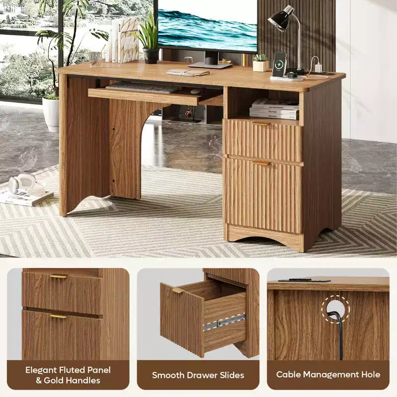 Bureau d'ordinateur 55 po avec prises électriques, tablette coulissante pour clavier et tiroirs de rangement pour bureau à domicile