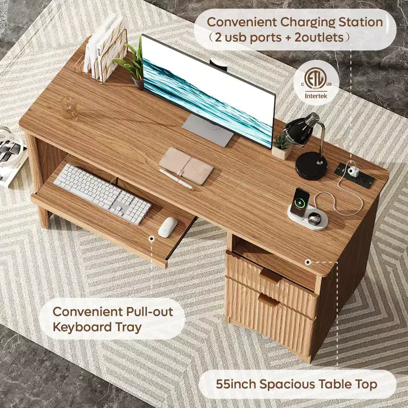 Bureau d'ordinateur 55 po avec prises électriques, tablette coulissante pour clavier et tiroirs de rangement pour bureau à domicile