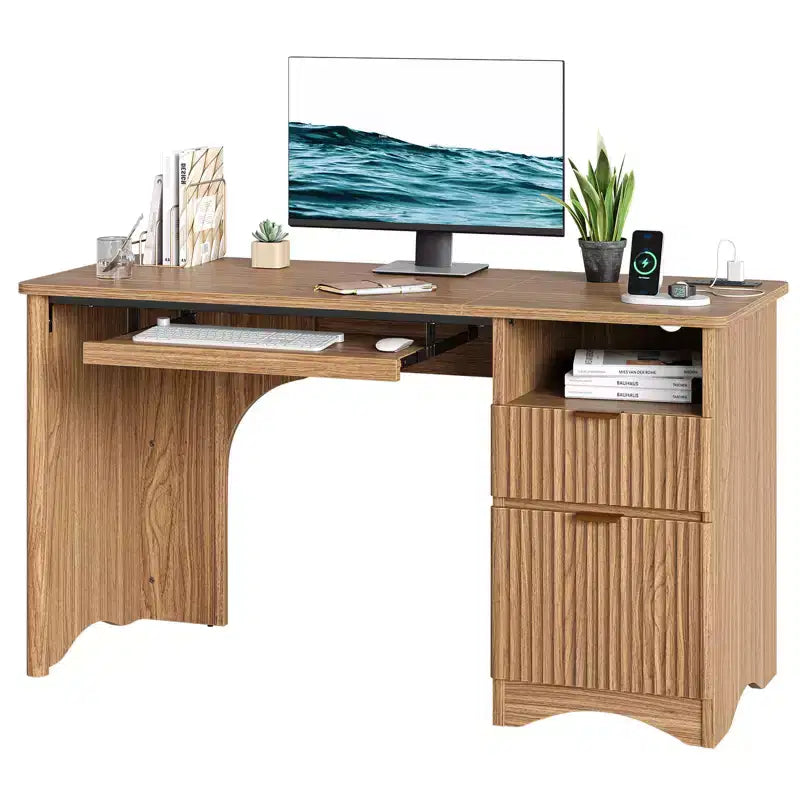 Bureau d'ordinateur 55 po avec prises électriques, tablette coulissante pour clavier et tiroirs de rangement pour bureau à domicile