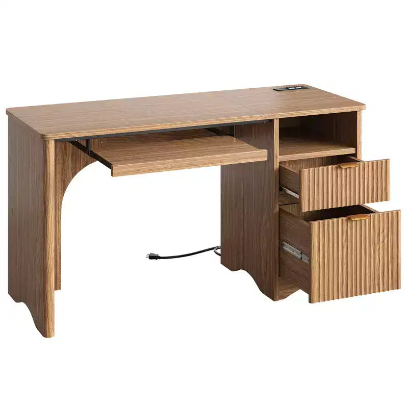 Bureau d'ordinateur 55 po avec prises électriques, tablette coulissante pour clavier et tiroirs de rangement pour bureau à domicile