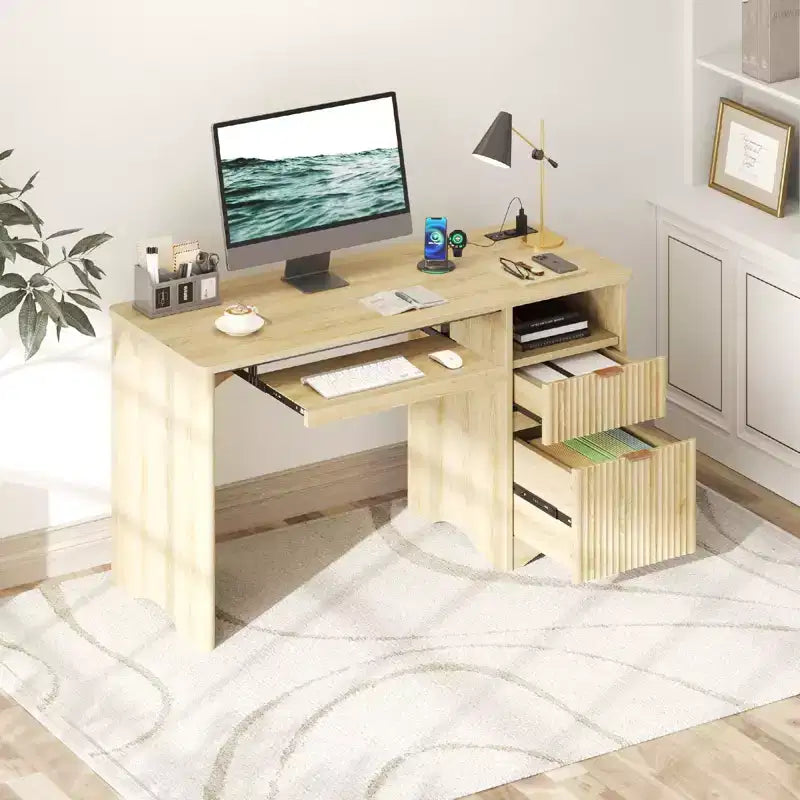 Bureau d'ordinateur 55 po avec prises électriques, tablette coulissante pour clavier et tiroirs de rangement pour bureau à domicile