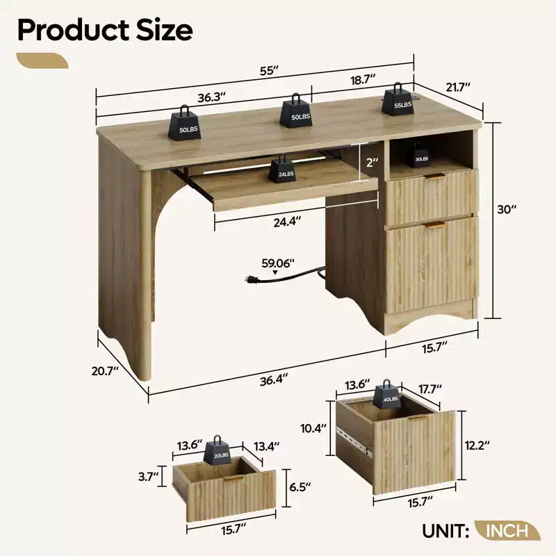Bureau d'ordinateur 55 po avec prises électriques, tablette coulissante pour clavier et tiroirs de rangement pour bureau à domicile
