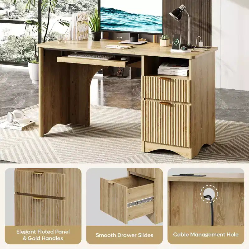 Bureau d'ordinateur 55 po avec prises électriques, tablette coulissante pour clavier et tiroirs de rangement pour bureau à domicile