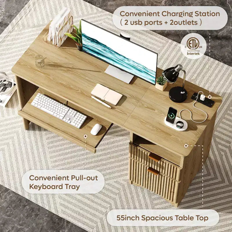 Bureau d'ordinateur 55 po avec prises électriques, tablette coulissante pour clavier et tiroirs de rangement pour bureau à domicile