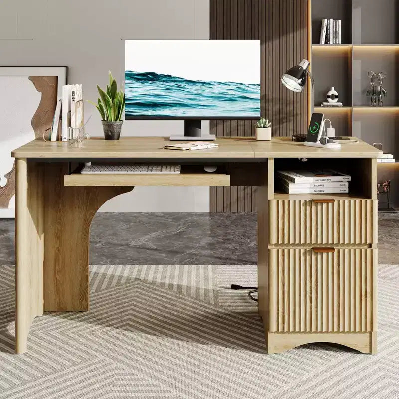 Bureau d'ordinateur 55 po avec prises électriques, tablette coulissante pour clavier et tiroirs de rangement pour bureau à domicile