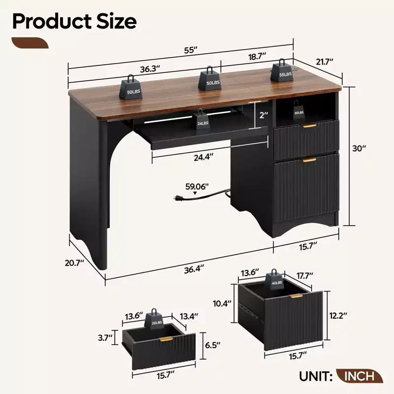 Bureau d'ordinateur 55 po avec prises électriques, tablette coulissante pour clavier et tiroirs de rangement pour bureau à domicile