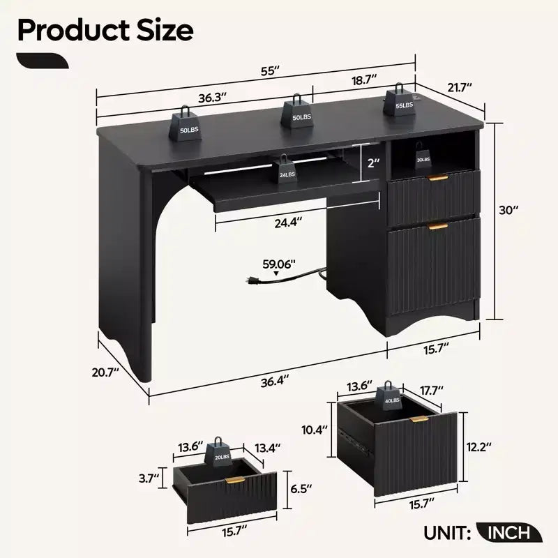 Bureau d'ordinateur 55 po avec prises électriques, tablette coulissante pour clavier et tiroirs de rangement pour bureau à domicile