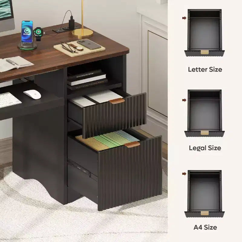 Bureau d'ordinateur 55 po avec prises électriques, tablette coulissante pour clavier et tiroirs de rangement pour bureau à domicile