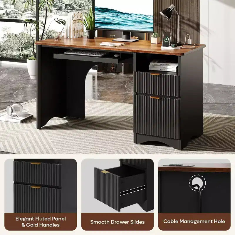 Bureau d'ordinateur 55 po avec prises électriques, tablette coulissante pour clavier et tiroirs de rangement pour bureau à domicile