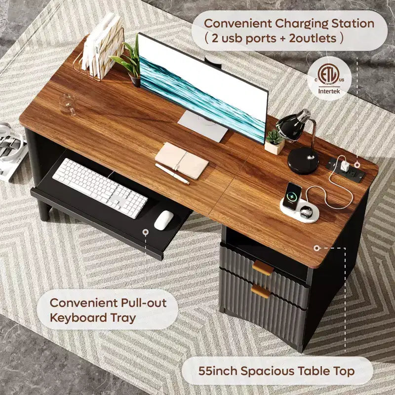 Bureau d'ordinateur 55 po avec prises électriques, tablette coulissante pour clavier et tiroirs de rangement pour bureau à domicile
