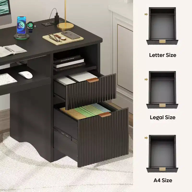 Bureau d'ordinateur 55 po avec prises électriques, tablette coulissante pour clavier et tiroirs de rangement pour bureau à domicile