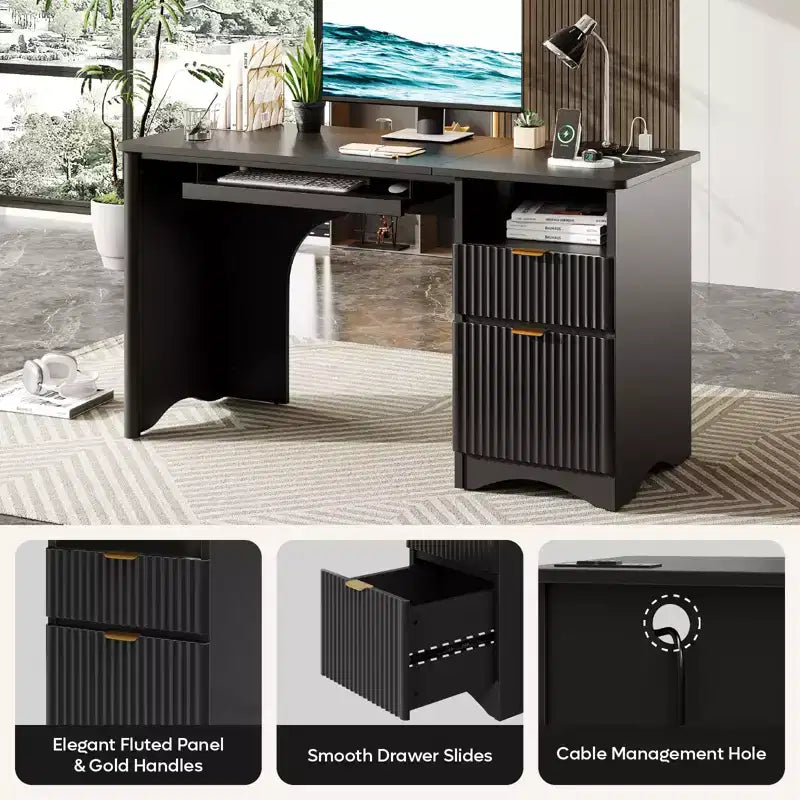 Bureau d'ordinateur 55 po avec prises électriques, tablette coulissante pour clavier et tiroirs de rangement pour bureau à domicile