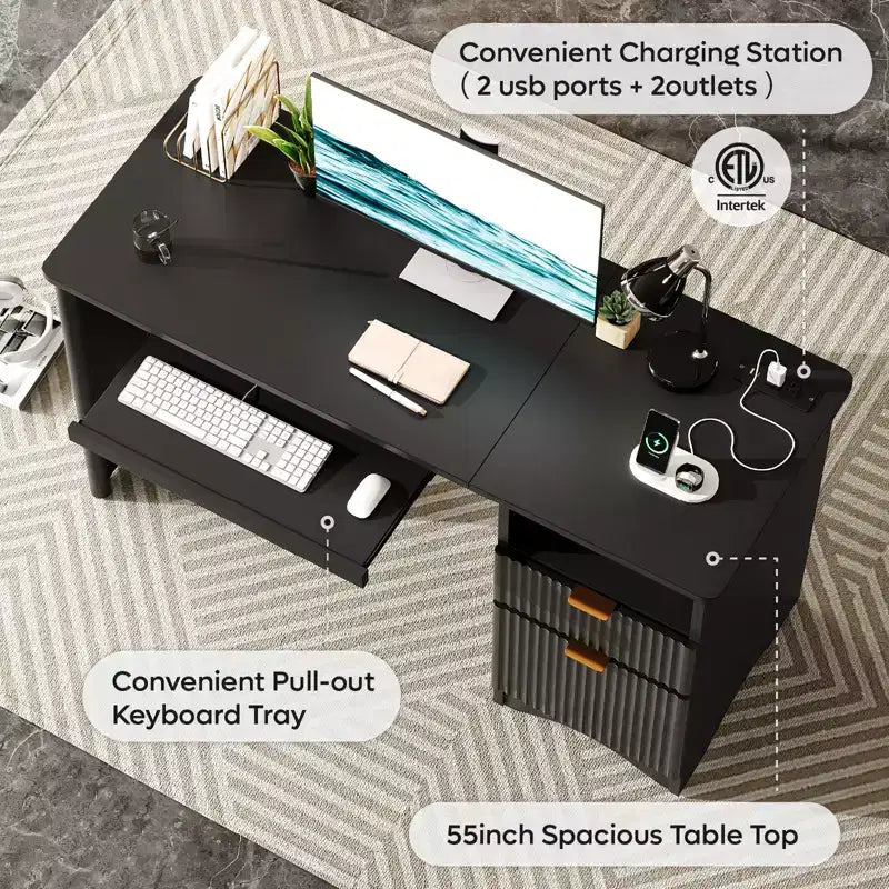 Bureau d'ordinateur 55 po avec prises électriques, tablette coulissante pour clavier et tiroirs de rangement pour bureau à domicile