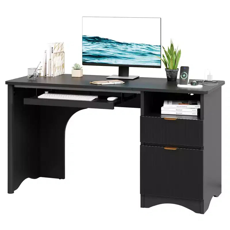 Bureau d'ordinateur 55 po avec prises électriques, tablette coulissante pour clavier et tiroirs de rangement pour bureau à domicile