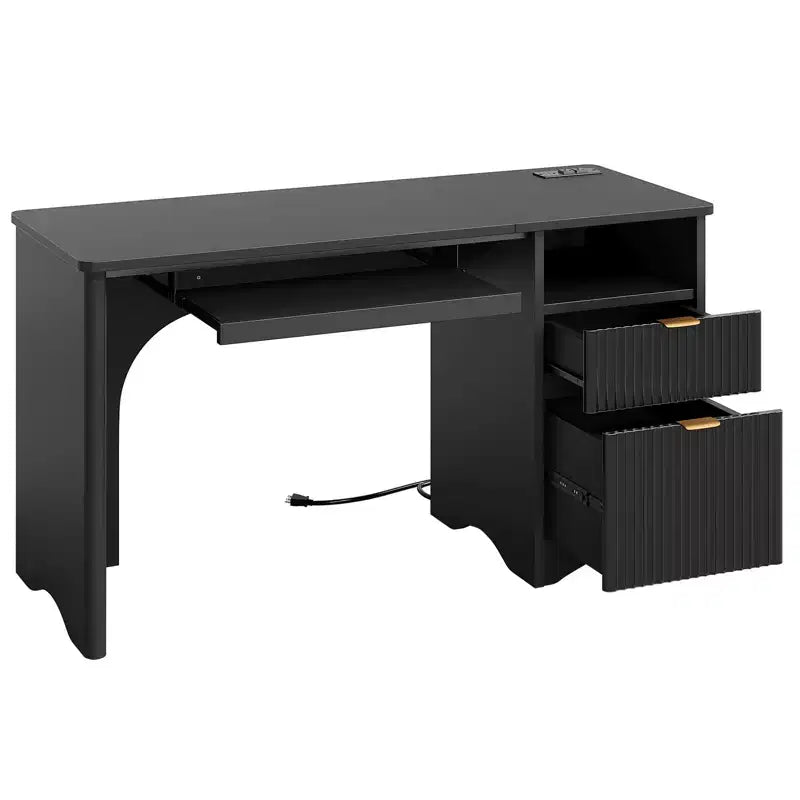 Bureau d'ordinateur 55 po avec prises électriques, tablette coulissante pour clavier et tiroirs de rangement pour bureau à domicile