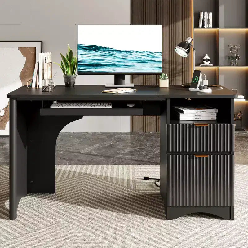 Bestier 55 Computer Writing PC Desk Home Office with Power Outlets Keyboard Tray and Storage Drawers