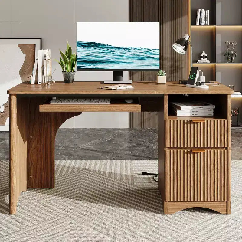 Bureau d'ordinateur 55 po avec prises électriques, tablette coulissante pour clavier et tiroirs de rangement pour bureau à domicile