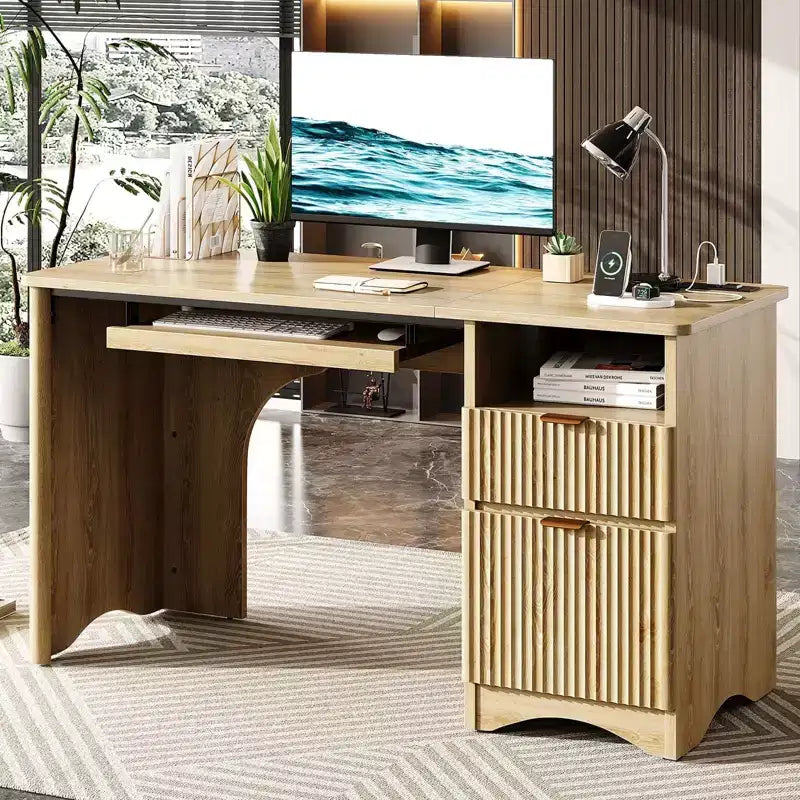 Bureau d'ordinateur 55 po avec prises électriques, tablette coulissante pour clavier et tiroirs de rangement pour bureau à domicile