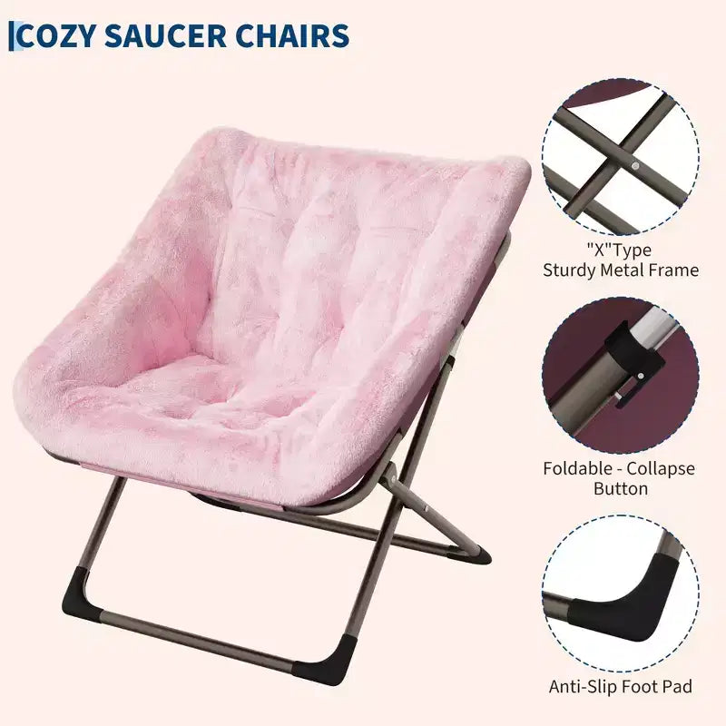 Fauteuils soucoupes pliables pour adultes, capacité de 136 kg, fauteuil paresseux confortable en fausse fourrure avec cadre métallique, aucun assemblage requis pour chambres, dortoirs, appartements