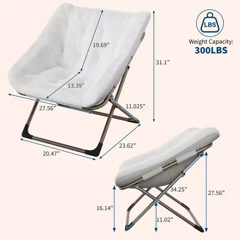 Fauteuils soucoupes pliables pour adultes, capacité de 136 kg, fauteuil paresseux confortable en fausse fourrure avec cadre métallique, aucun assemblage requis pour chambres, dortoirs, appartements