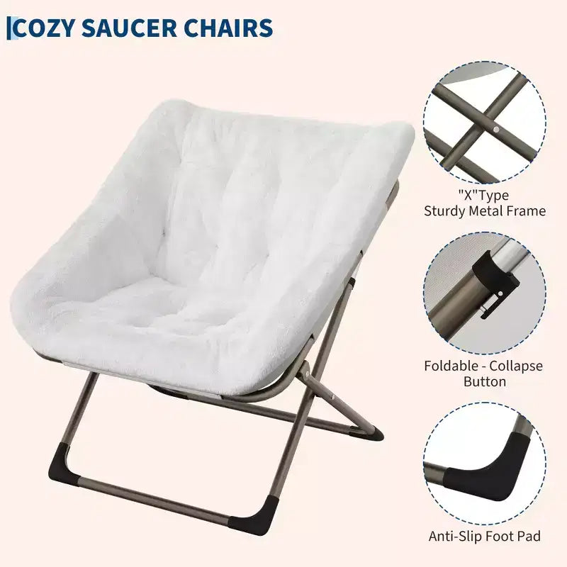 Fauteuils soucoupes pliables pour adultes, capacité de 136 kg, fauteuil paresseux confortable en fausse fourrure avec cadre métallique, aucun assemblage requis pour chambres, dortoirs, appartements