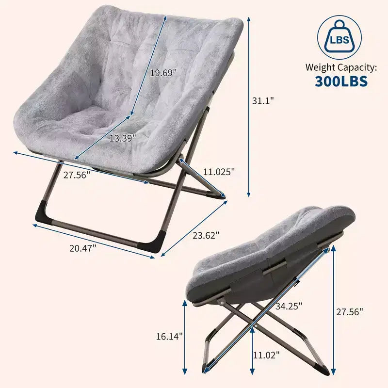 Fauteuils soucoupes pliables pour adultes, capacité de 136 kg, fauteuil paresseux confortable en fausse fourrure avec cadre métallique, aucun assemblage requis pour chambres, dortoirs, appartements