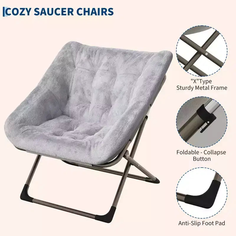 Fauteuils soucoupes pliables pour adultes, capacité de 136 kg, fauteuil paresseux confortable en fausse fourrure avec cadre métallique, aucun assemblage requis pour chambres, dortoirs, appartements