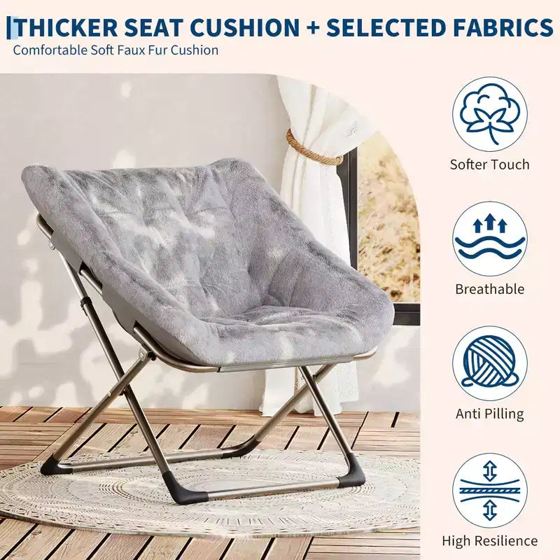 Fauteuils soucoupes pliables pour adultes, capacité de 136 kg, fauteuil paresseux confortable en fausse fourrure avec cadre métallique, aucun assemblage requis pour chambres, dortoirs, appartements