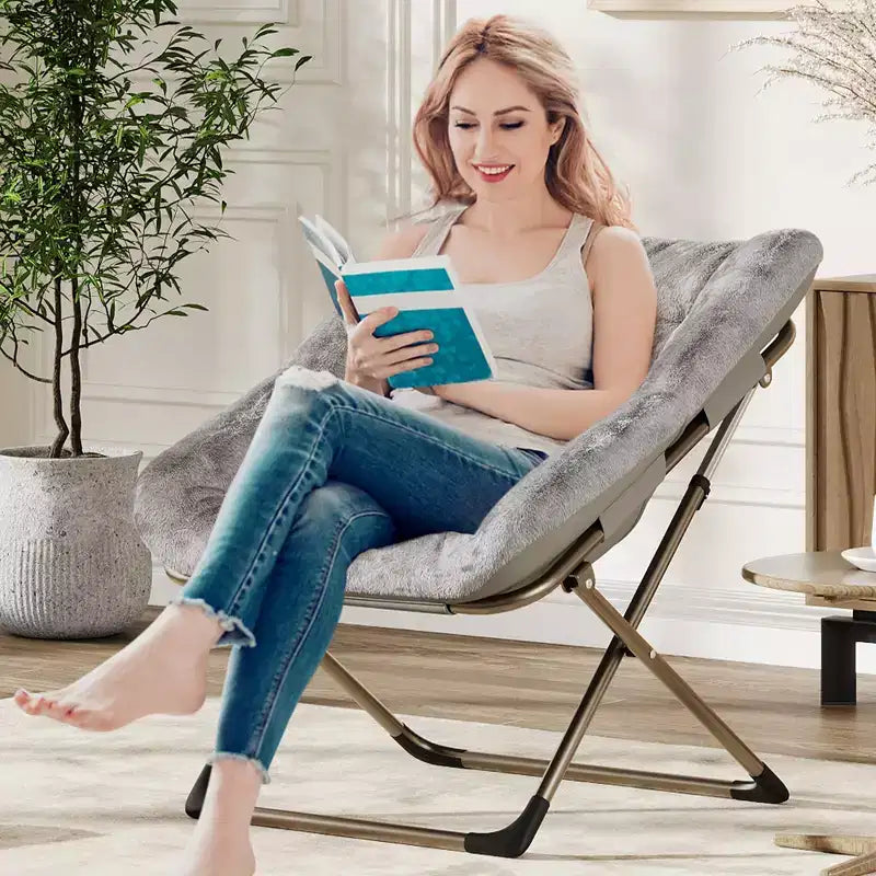 Fauteuils soucoupes pliables pour adultes, capacité de 136 kg, fauteuil paresseux confortable en fausse fourrure avec cadre métallique, aucun assemblage requis pour chambres, dortoirs, appartements