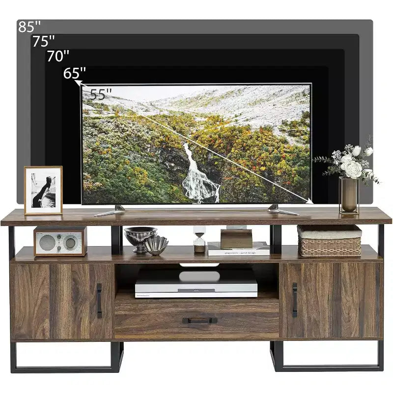 Meuble TV industriel 75 po | Tiroirs et armoires latérales | Cadre en métal et panneau PB | Brun rustique | Pour salon et chambre à coucher