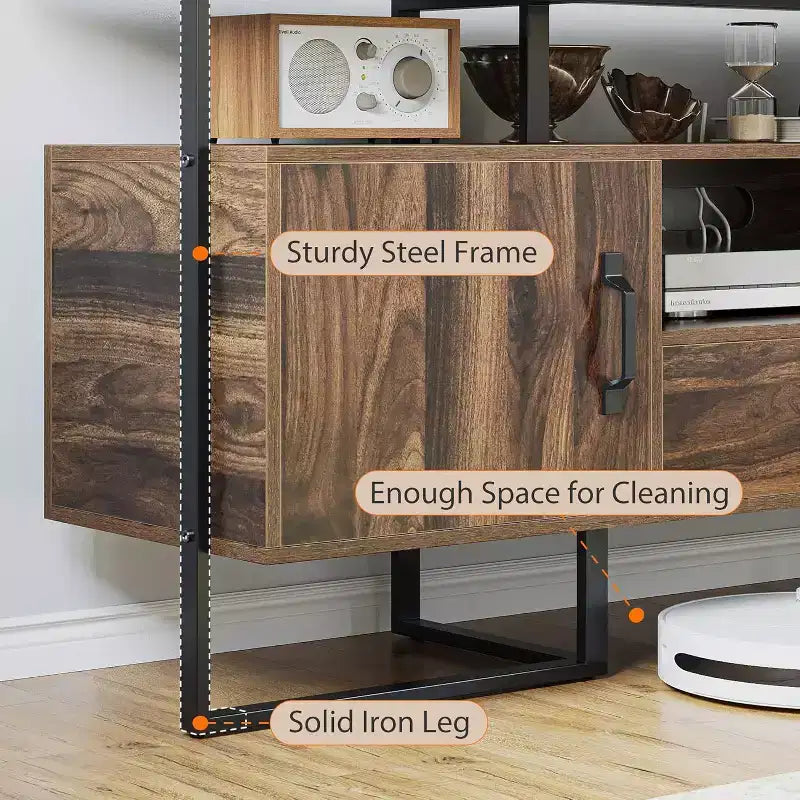 Meuble TV industriel 75 po | Tiroirs et armoires latérales | Cadre en métal et panneau PB | Brun rustique | Pour salon et chambre à coucher