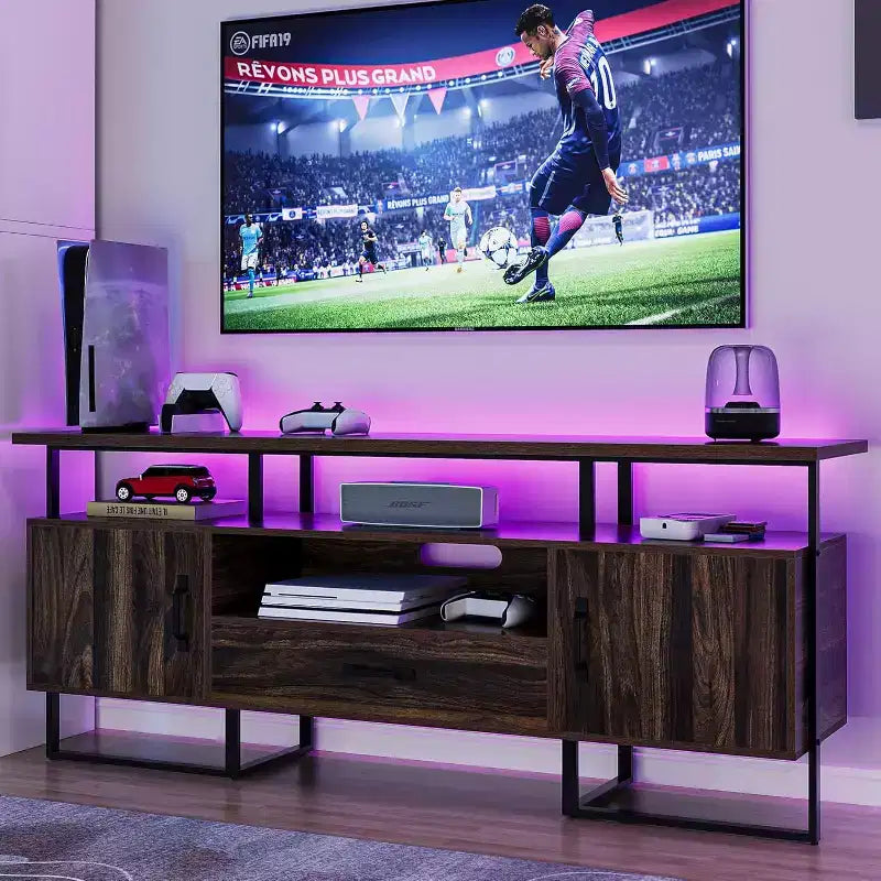 Meuble TV industriel 75 po | Tiroirs et armoires latérales | Cadre en métal et panneau PB | Brun rustique | Pour salon et chambre à coucher