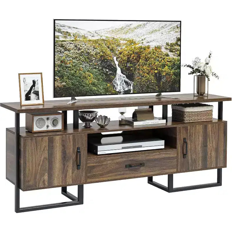 Meuble TV industriel 75 po | Tiroirs et armoires latérales | Cadre en métal et panneau PB | Brun rustique | Pour salon et chambre à coucher