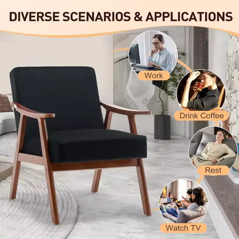 Fauteuil d'appoint à oreilles de style Mid-Century avec cadre en bois massif et dossier épais pour salon