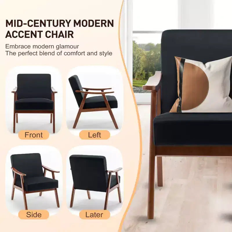 Fauteuil d'appoint à oreilles de style Mid-Century avec cadre en bois massif et dossier épais pour salon