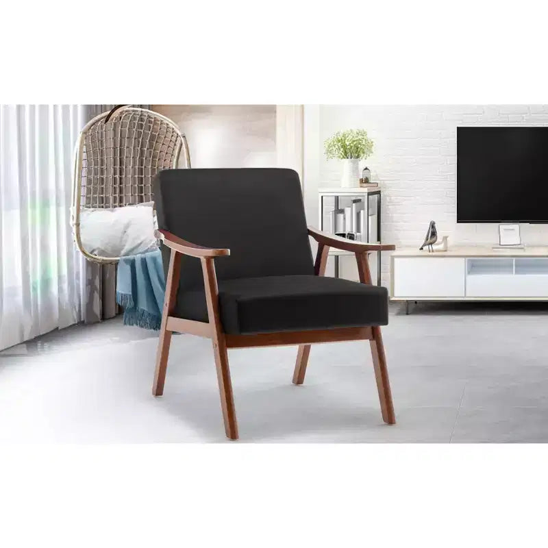 Fauteuil d'appoint à oreilles de style Mid-Century avec cadre en bois massif et dossier épais pour salon