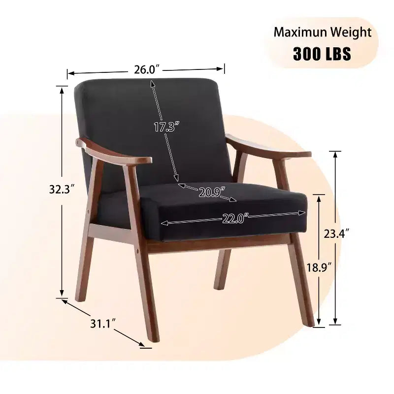 Fauteuil d'appoint à oreilles de style Mid-Century avec cadre en bois massif et dossier épais pour salon