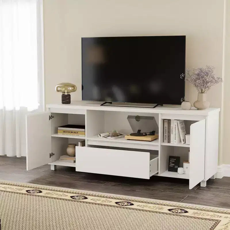 GustoWave White TV Stand for up to 70 Inch TVs, Wood TV Console Table with Drawer & 2 Storage Cabinets for Living Room, Bedroom