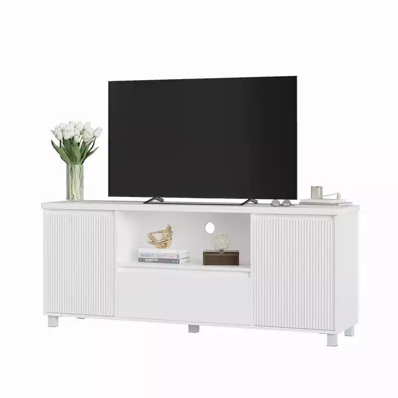 Meuble TV blanc pour téléviseurs jusqu'à 70 pouces, meuble TV en bois avec tiroir et 2 armoires de rangement pour salon, chambre à coucher