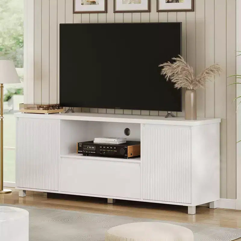 Meuble TV blanc pour téléviseurs jusqu'à 70 pouces, meuble TV en bois avec tiroir et 2 armoires de rangement pour salon, chambre à coucher