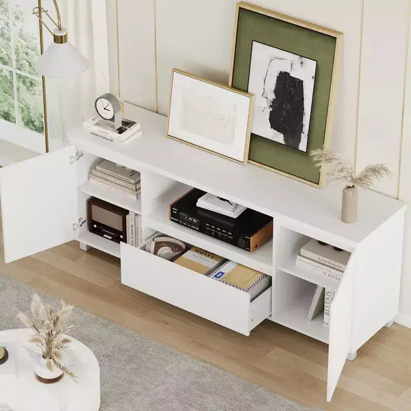 Meuble TV blanc pour téléviseurs jusqu'à 70 pouces, meuble TV en bois avec tiroir et 2 armoires de rangement pour salon, chambre à coucher