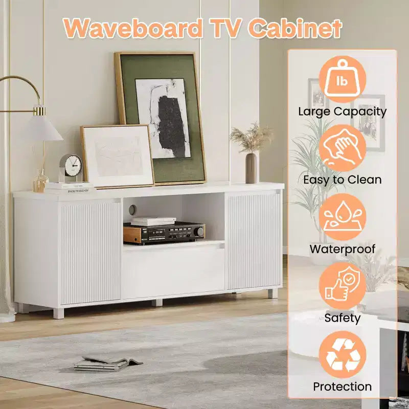Meuble TV blanc pour téléviseurs jusqu'à 70 pouces, meuble TV en bois avec tiroir et 2 armoires de rangement pour salon, chambre à coucher