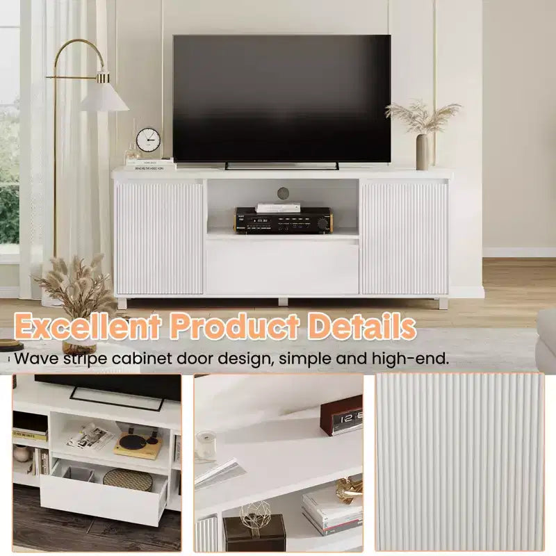 Meuble TV blanc pour téléviseurs jusqu'à 70 pouces, meuble TV en bois avec tiroir et 2 armoires de rangement pour salon, chambre à coucher