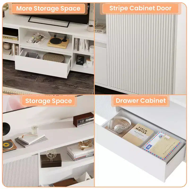 Meuble TV blanc pour téléviseurs jusqu'à 70 pouces, meuble TV en bois avec tiroir et 2 armoires de rangement pour salon, chambre à coucher